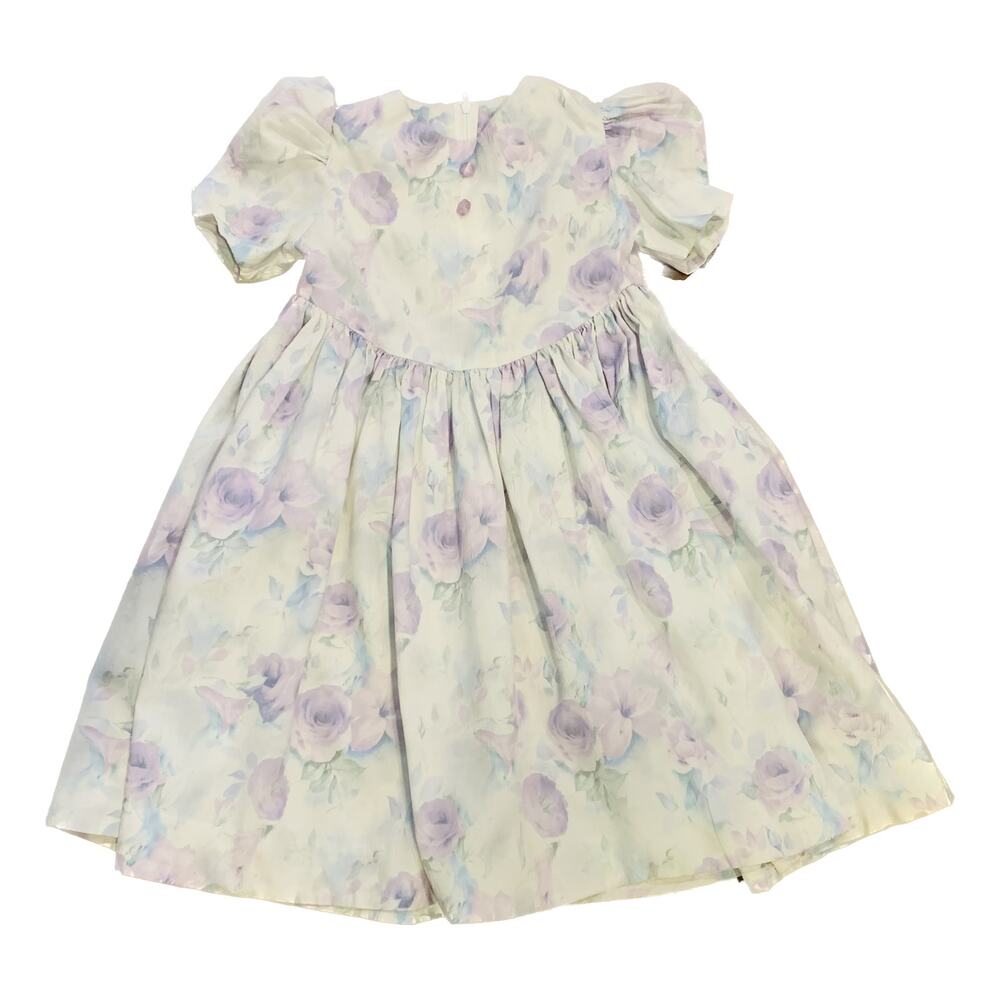 Vintage Girls Easter Dress Size 5-6 Small White Lavender Circle Skirt No Collar